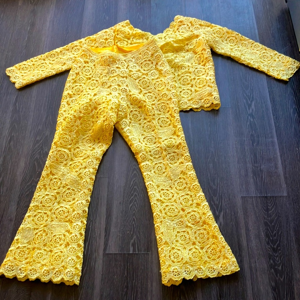Vintage 60s Bright Yellow Shimmery Lace Two Piece Bell Bottom Pant Set As Is